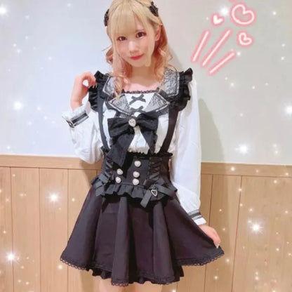 Japanese Gothic Lolita Ribbon Short Suspender plaid Skirt Girls Sweet Cute Lace A-Line Mini Skirts summer2026 black solid kawaii