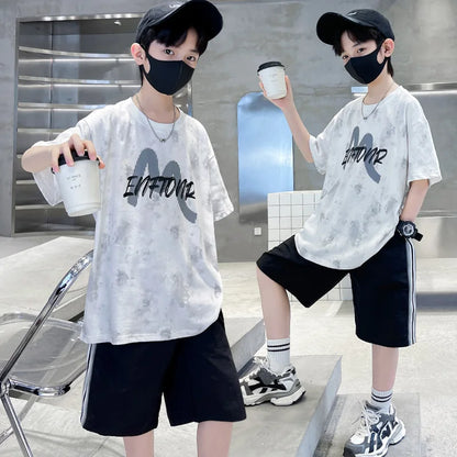 New Casual Boys Cotton Top summer Bottoms Clothes Set for Teenager Child Fashion Outfit Kids T-shirt Shorts Two Pieces Clothing
