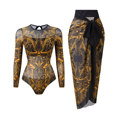 S - XXL Printed Long Sleeve With Sarong One Piece Swimsuit Women Swimwear Female Flowers Padded Bather Bathing Suit Swim V7181