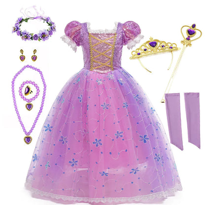 Girls Birthday Party Deluxe Rapunzel Dress With Sequined Bodice Tangled Movie Cosplay Princess Costume Carnival Fairy Tale Gown