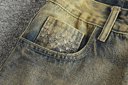 Do old wash retro American trend jeans men's catwhiskers embroidery craft comfortable straight leg casual pants
