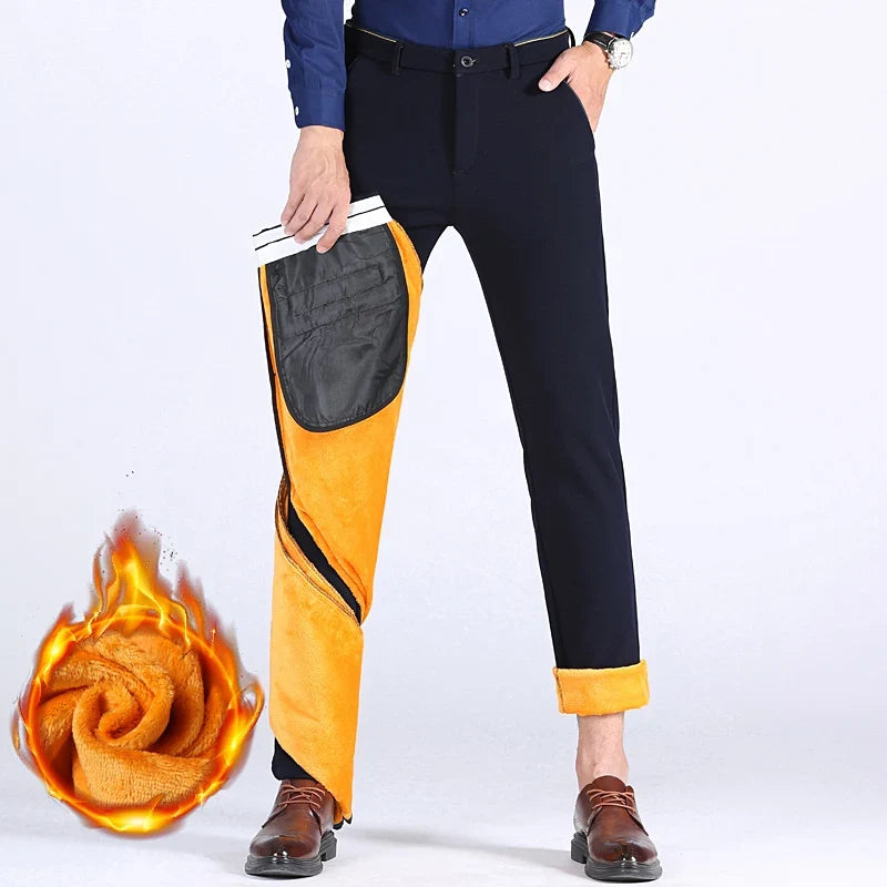 2025 Winter New Thickened Straight Slim Warm Business Casual Office Male Velvet Trousers Classic Men's Fleece Casual Pants