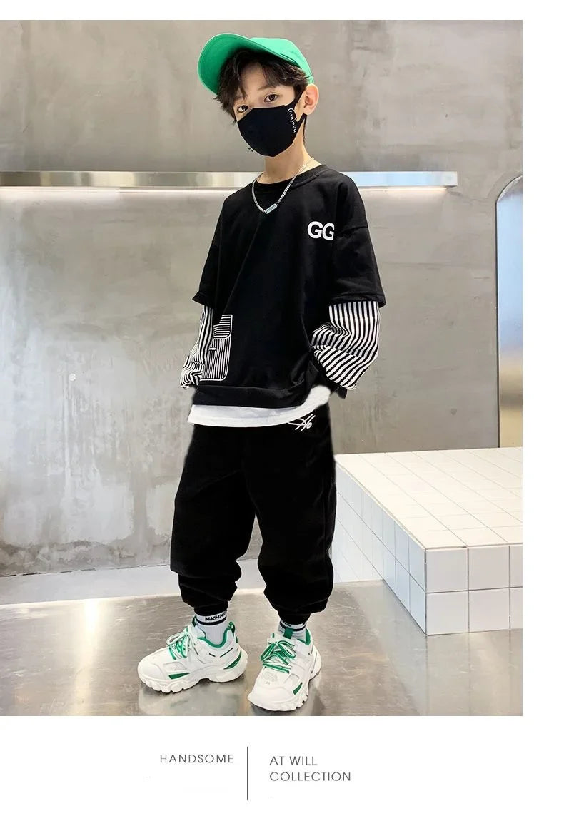 Spring Autumn Girls Boys Striped Patchwork Workout Sweatshirt+Sweatpant Set School Kid 2PCS Tracksuit Child Jogger Outfit 3-14Yr