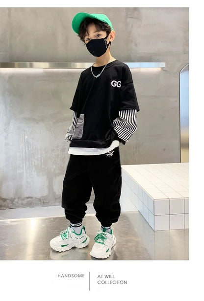 Spring Autumn Girls Boys Striped Patchwork Workout Sweatshirt+Sweatpant Set School Kid 2PCS Tracksuit Child Jogger Outfit 3-14Yr