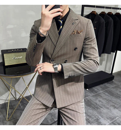 2025 High-quality Korean Version Slim-fit Business (Suit + Vest + Trousers) Striped Double-breasted Suit Three-piece Set