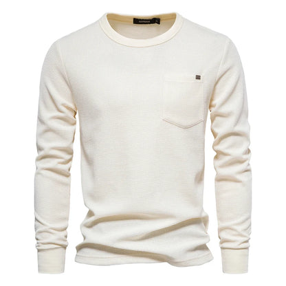 Men's Waffle Cotton Long Sleeve T-Shirt - Solid Color Single Pocket Design, Autumn Basic Breathable Top for Casual Outfits