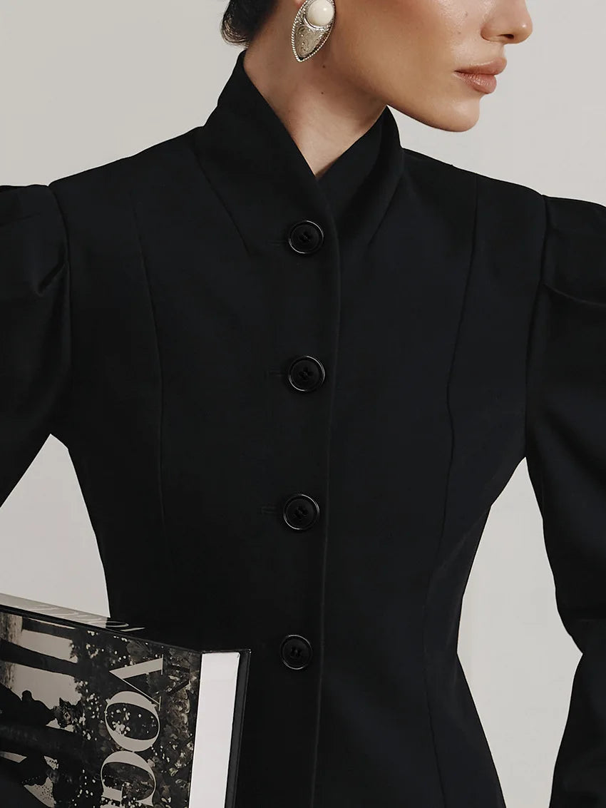 French Style Elegant Retro Stand Collar Black Suit Autumn Winter New Temperament Commute Puff Sleeve Slim Female Coat Tops Trend