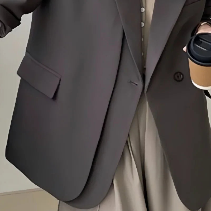 Spring Autumn Elegant Grey Women's Blazer Jacket 2025 New Long Sleeve Single Button Office Lady Loose Outwear for Women