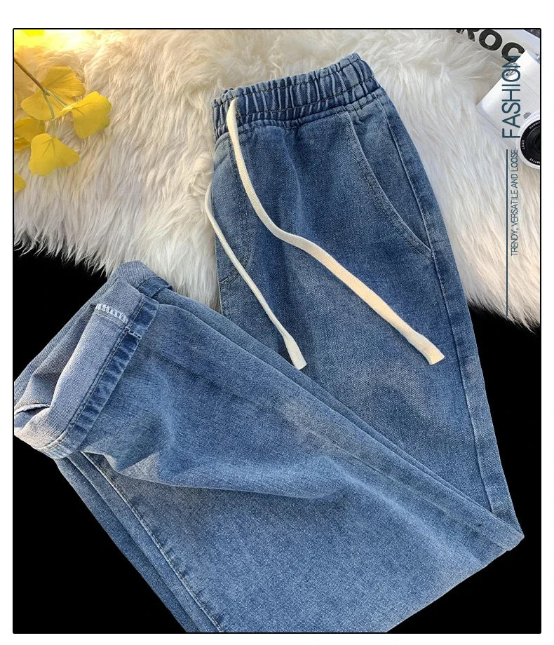 Casual Jeans Men's Baggy Straight Elastic Waist Drawstring Korea Fashion Male Vintage Denim Trousers Streetwear 3XL