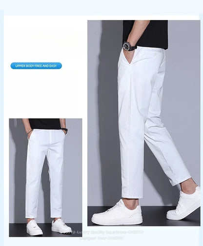 High Quality Summer Men's White Ankle Length Casual Pants 97%Cotton Breathable Straight Business Slim Work Chino Trousers Man