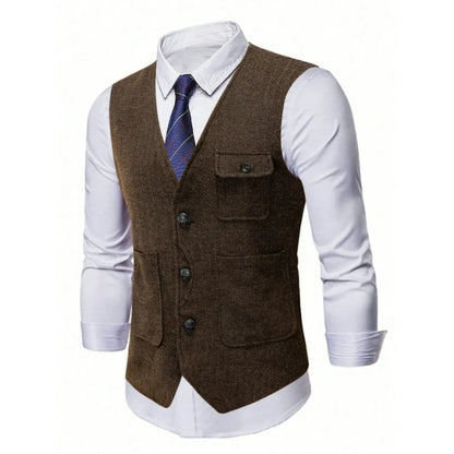 Suit Vest Man Vintage Single-breasted Pocket Male Waistcoat Slim V-neck Sleeveless Business Casual Versatile Men Vest