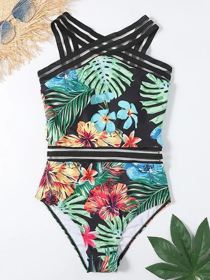 Solid Mesh Tape Swimsuit 2026 One Piece Sexy High Neck Swimwear Women Cross Front Bathing Suit Female Padded Beachwear Bodysuit