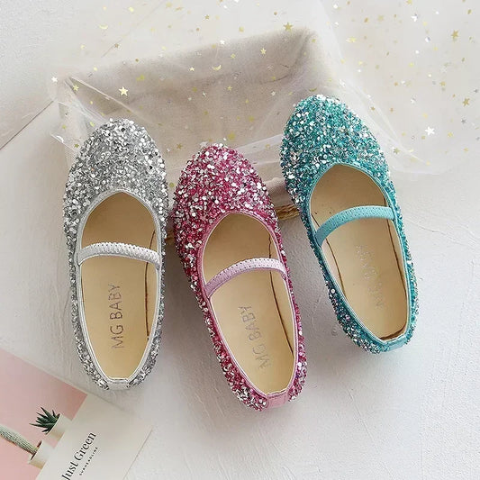 2025 Spring 1 to 12 years old girls dress shoes Beauty Pointed Toe Teen Girl Leather Shoes Bling Princess Wedding Shoes