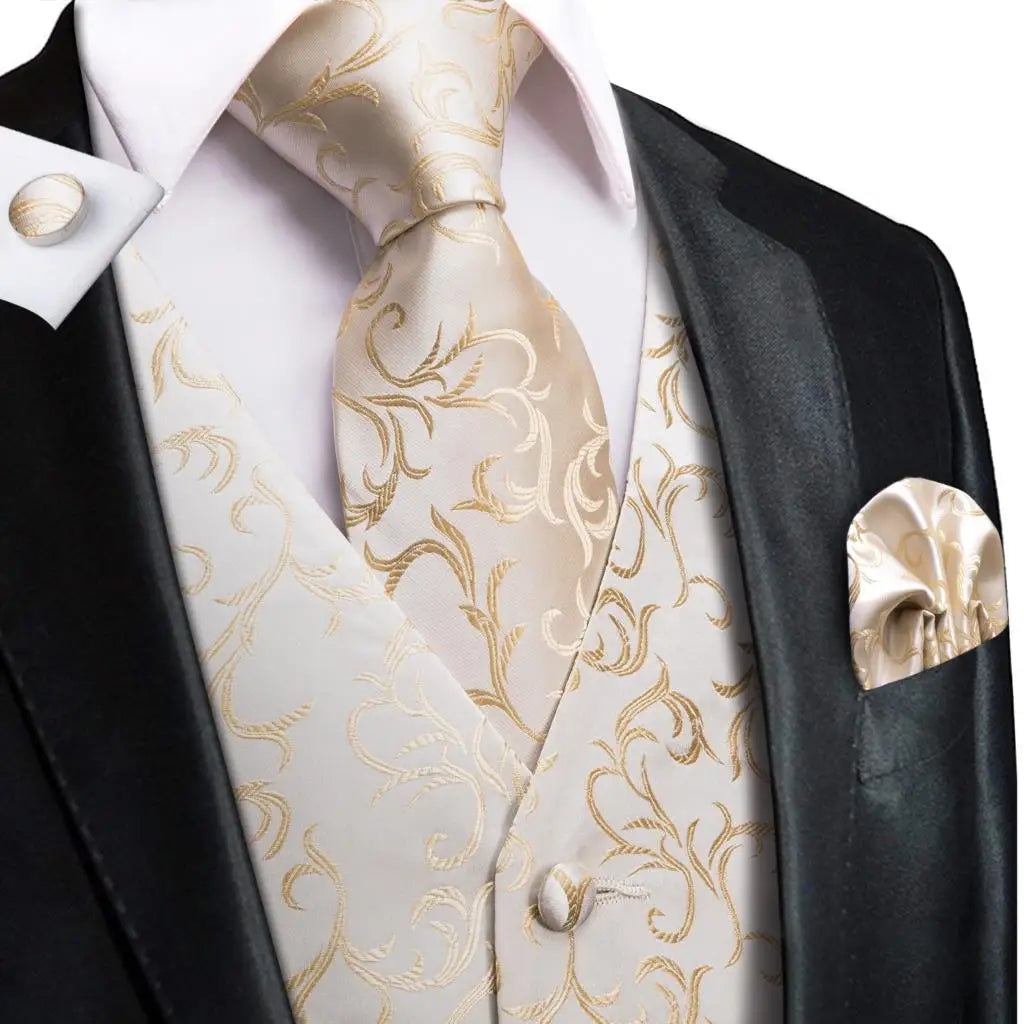 Jacquard Silk Mens Waistcoat Tie Set Sleeveless Jacket Necktie Hanky Cufflinks Suit Gold Blue Black Vest Wedding Business