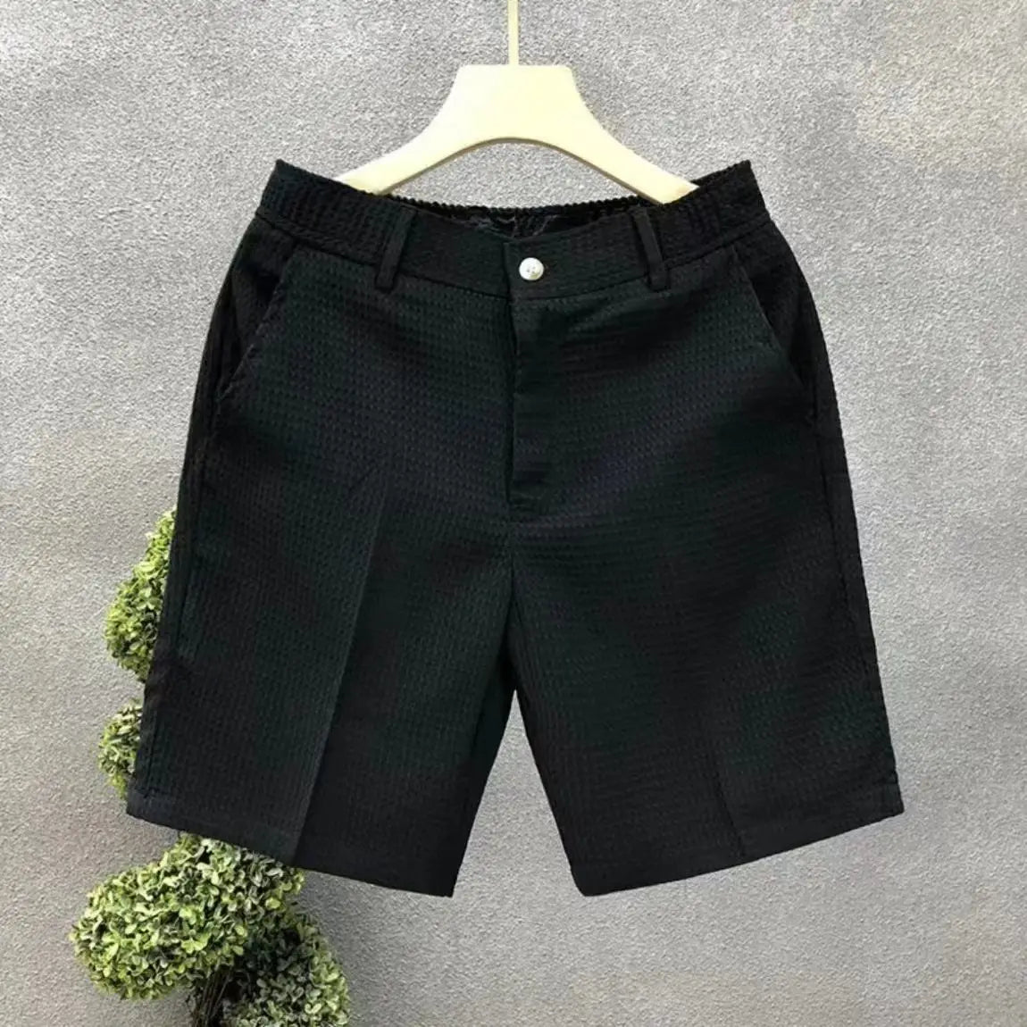 Men's Shorts Plaid Texture Solid Straight-leg Business Social Elastic Waist Button Short Pants Loose Knee Length Casual Short