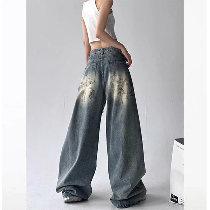 American Sle Trendy Girl Destroyed Denim Jeans Women Loose Wide Leg Straight Cut Floor-Length Pants High Waist Casual Jeans