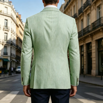 Men's Striped Seersucker Blazer Slim Fit Casual Suit Jacket Formal Business Coat Breathable Spring Summer Streetwear Outerwear