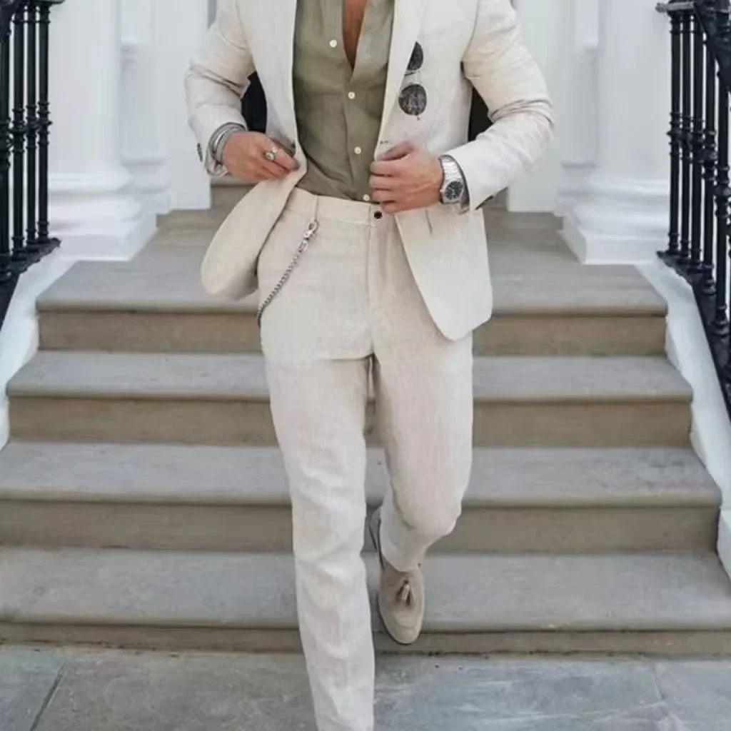 Casual Linen Tuxedo Suits for Men 2 Pieces Blazer and Pants Set Notched Lapel Men's Suit for Wedding Summer Beach Prom Party
