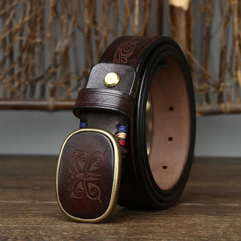 3.5CM Pure Cowhide High Quality Genuine Leather Belts for Men Laser Engraving Strap Male Smooth Buckle Jeans Cowboy Luxury