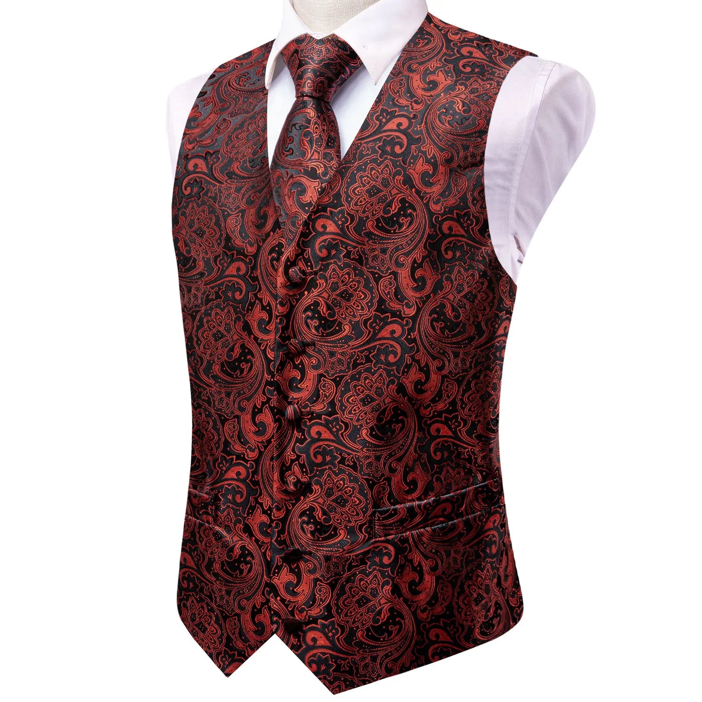 Formal Rose Pattern Paisley Plain Solid Mens Vest Party Wedding Waistcoat Pocket Square Tie  Hankie Suit Set