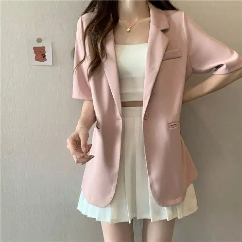 Loose Casual Thin Short Sleeve Women's Suit Jacket Summer New Style Korean Version Fashionable All-Match Lightweight Polyeste...