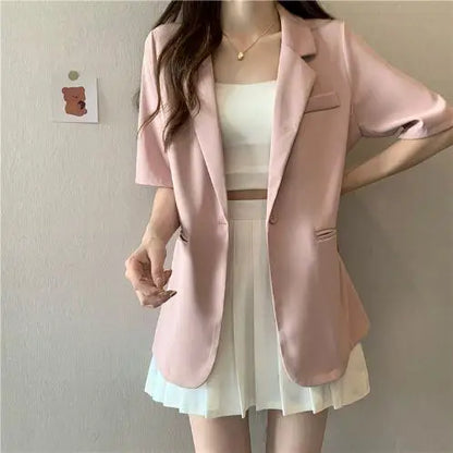 Loose Casual Thin Short Sleeve Women's Suit Jacket Summer New Style Korean Version Fashionable All-Match Lightweight Polyeste...