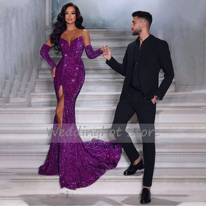 Customized Glitter Evening Dresses For Women Gold Sequined Mermaid Sexy Prom Gowns Long Side High Slit V Neck Trumpet Prom Dress