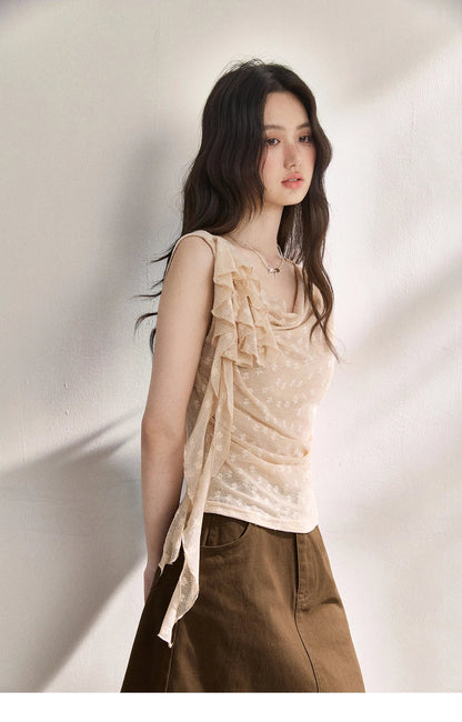 French Floral Lace Swing Neck Shirt For Women 2026 Summer New Pleated 3D Floral Ribbon Hazy Elegant Slim Top MXF24X2617