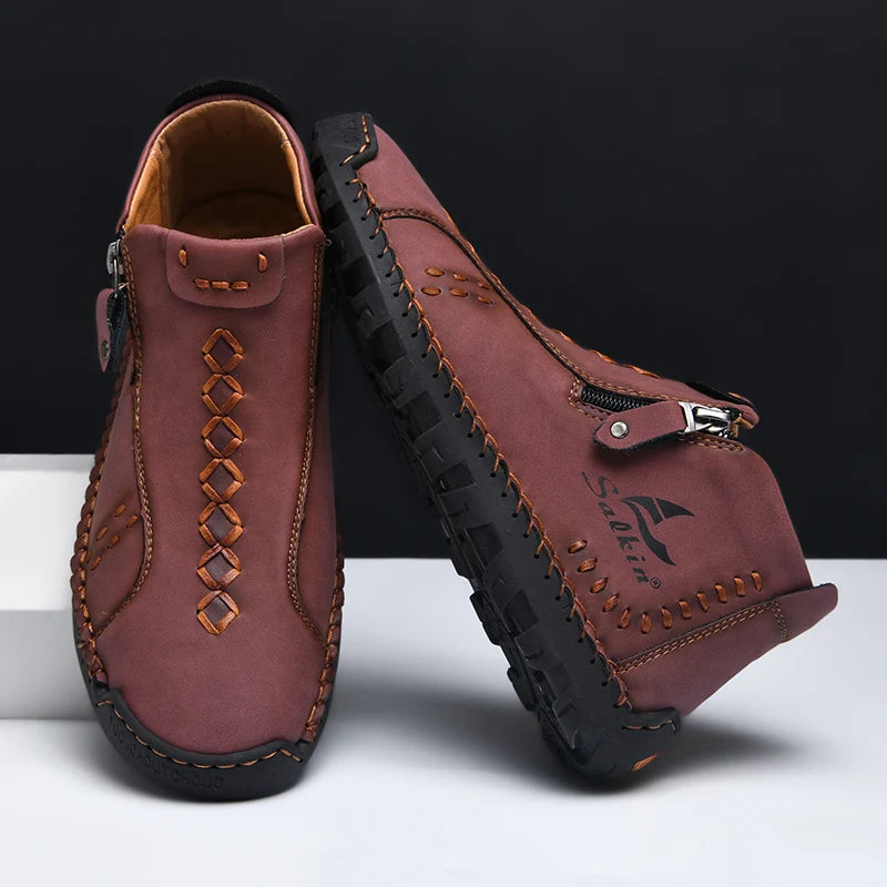 New Winter 2024 Handmade Leather Men Boots Zipper Design Sneakers Man Breathable Casual Leather Shoes Men Ankle Boots Outdoor