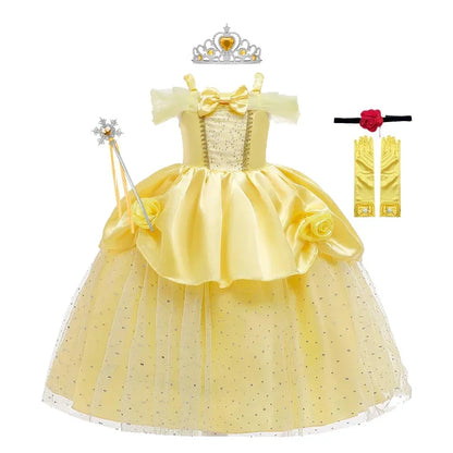 Girls Belle Cosplay Costumes Girls Dresses for Beauty Kids Party Clothing Magic Stick Crown Children Yellow Dress and The Beast