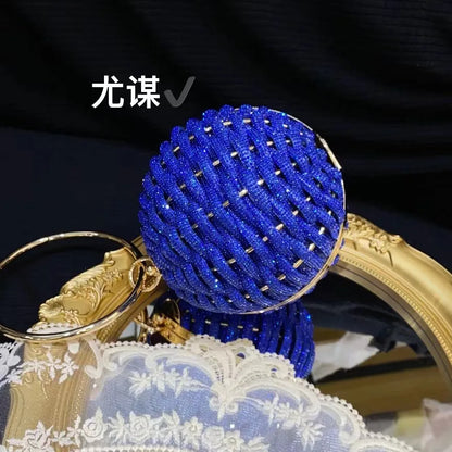 Ball Shape Evening Bag Women Woven Handbag Glitter Rhinestone Woven Knitted Purse Elegant Wedding Prom Party Clutch Shoulder Bag