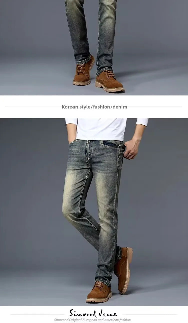High-End Retro Men's Straight Leg Stretchy Jeans Fashionable Urban Casual Long Trousers Spring Autumn Cotton Stretch Denim