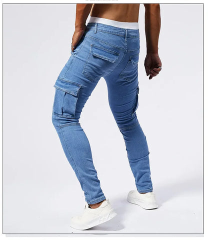 Slim Fit Large Pocket Jeans Cargo Pants for Men Fashionable Casual Hip Hop Stretch Denim Long Pants Male Streetwear Track Pants