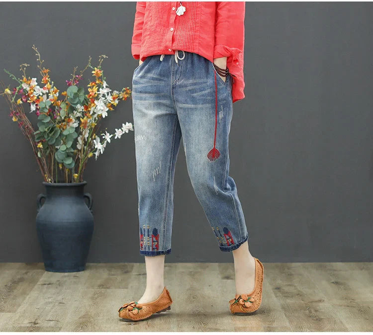 Fashion Summer Ladies Ripped Loose Jeans Womens Leisure Embroidery Denim Trousers Vintage Females Elastic Harem Pants