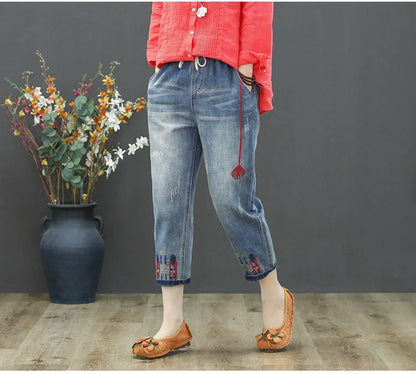 Fashion Summer Ladies Ripped Loose Jeans Womens Leisure Embroidery Denim Trousers Vintage Females Elastic Harem Pants