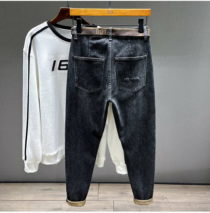 Tapered Jeans for Men's Clothing Autumn New Fashion Embroidered Korean Harem Pants Casual Stretch Black Denim Trousers