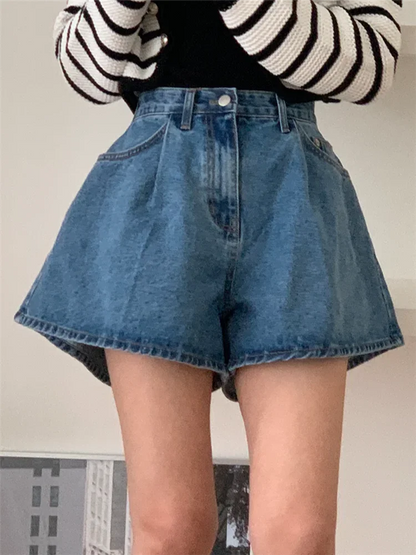 2024 New High Waist Washed Women's Denim Wide Leg Shorts Summer Buttons Casual Female Blue Jeans Trouses Pockets