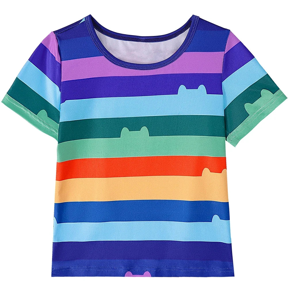 Girls Rainbow Striped T-Shirt Tutu Skirt With Cat Ears Headband Set Halloween Carnival Cosplay Costume Kids Birthday Clothing