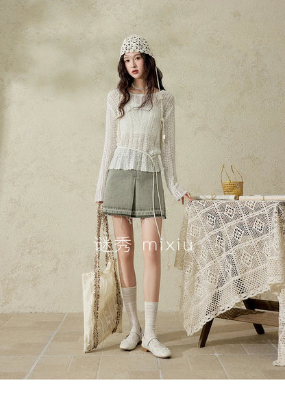 Women 's Apricot White Hollow Knitted Sweater Spring 2025 Mohair Cover Drop Sleeve Top Strapless Slim Tube Top MXE12Z1120
