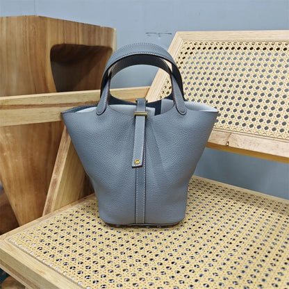 Top Layer Cowhide Leather Handbag European Sle Buet Bag Fre Vegetable Basket Ladies Handbag Soft Handle Casual Faion