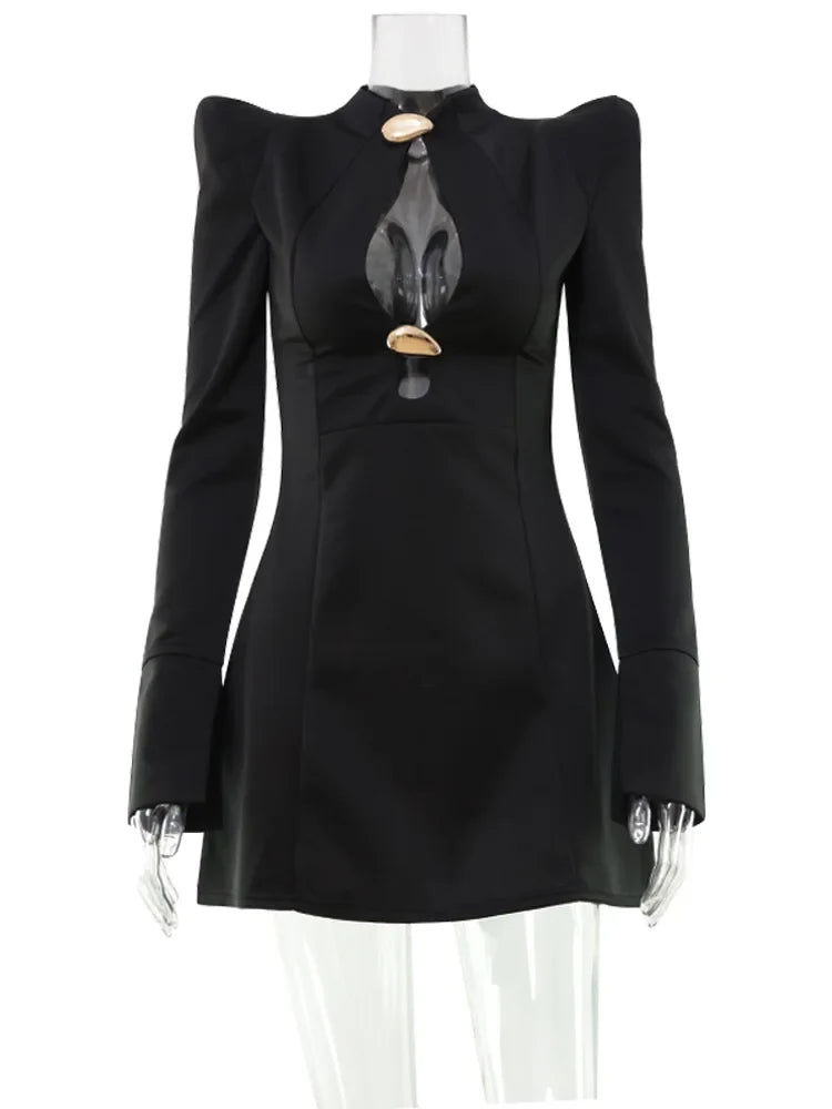 Metal Buckle Hollow Out Women Dresses Autum Fashion Solid O Neck Sheath Long Sleeve Sexy Club Female Bodycon Chic Robes