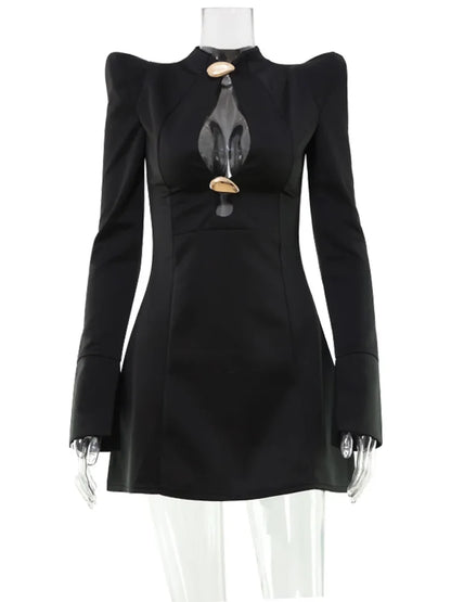 Metal Buckle Hollow Out Women Dresses Autum Fashion Solid O Neck Sheath Long Sleeve Sexy Club Female Bodycon Chic Robes