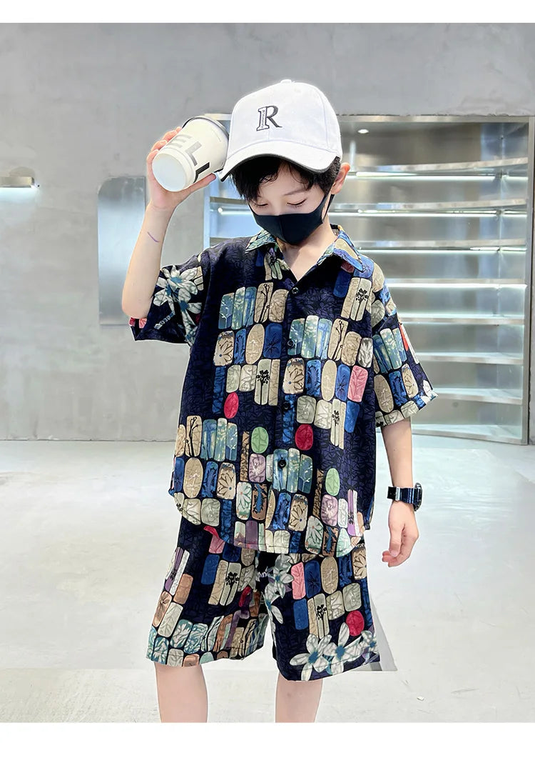 New Summer Kids Beach Clothes Set 2 Pieces Set for Boys Casual Shirt Short 2PCS Clothing Set Children Cool Vacation Outfit Suit