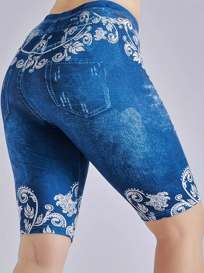 Lmitation Denim Leggings For Women Butterfly Waist Fruit Flower Elastic Shorts High Waist Casual
