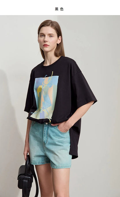 Minimalist Summer T-shirt Women Irregular Design Tops Casual O-neck Abstract Print Loose Dropped Shoulder T-shirt 12522081