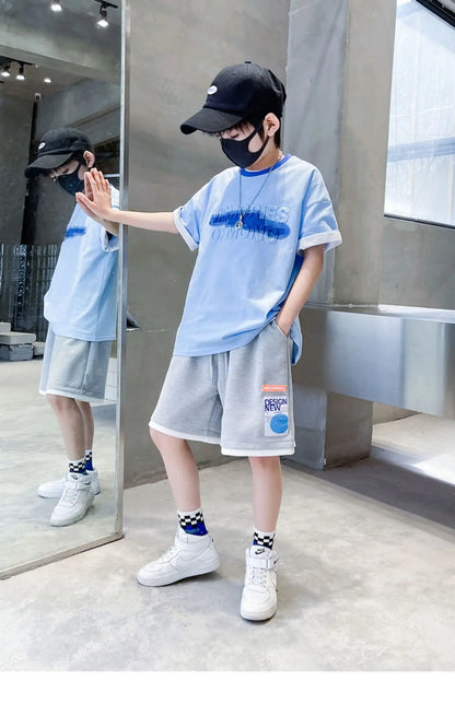 Summer Boys Cotton Alphabet Embossing t-Shirt Tops+Drawstring Short Pants Set School Kids Tracksuit Child Outfit Suit 5-16 Years