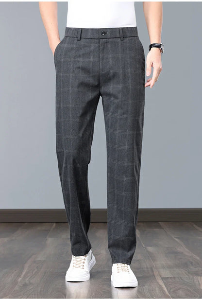 Summer Thin Plaid Formal Stretch Pants Men Slim Business Grey Black Casual Pant Fashion Male Clothing England Trousers