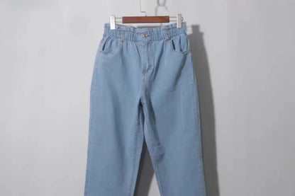 Casual High Waist Cotton Stretch Denim Capri Pants with Pleated Hem Elastic Waist Ladies Faion Spring Autumn Wear