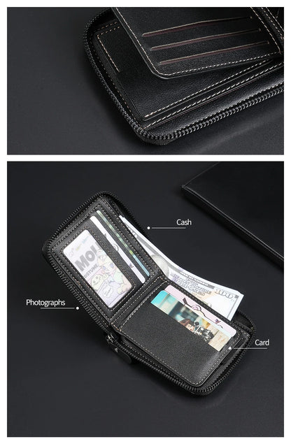 Leather Men’s Wallet Luxury Mens Purse Male Zipper Card Holders with Coin Pocket Rfid Wallets Gifts for Men Money Bag