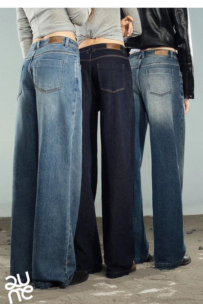 Women Denim Jeans 2025 Autumn New Lycra Stretch Washed Wide Leg Straight Long Pants
